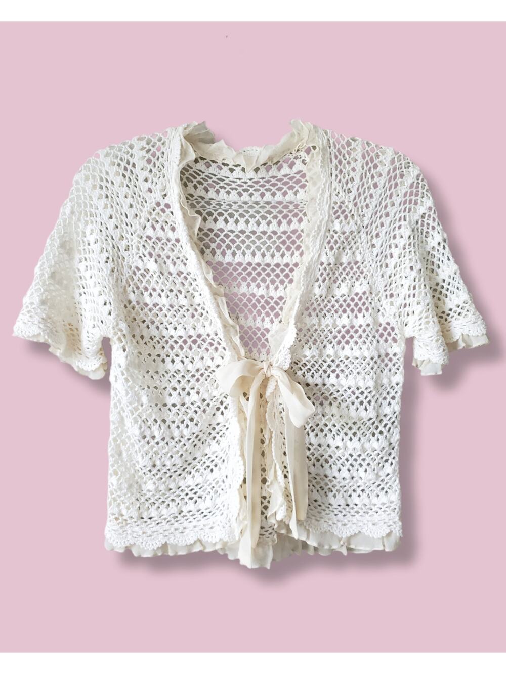 Women Cream Crochet Mesh Crop Cardigan S Cottage Coquette Boho Chic Twee Coastal